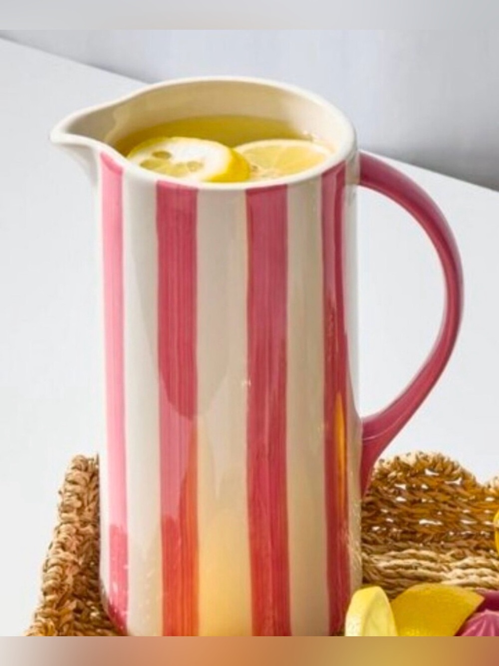Noon and moon Striped Pink and Cream Ceramic Pitcher - Picture 2 of 7